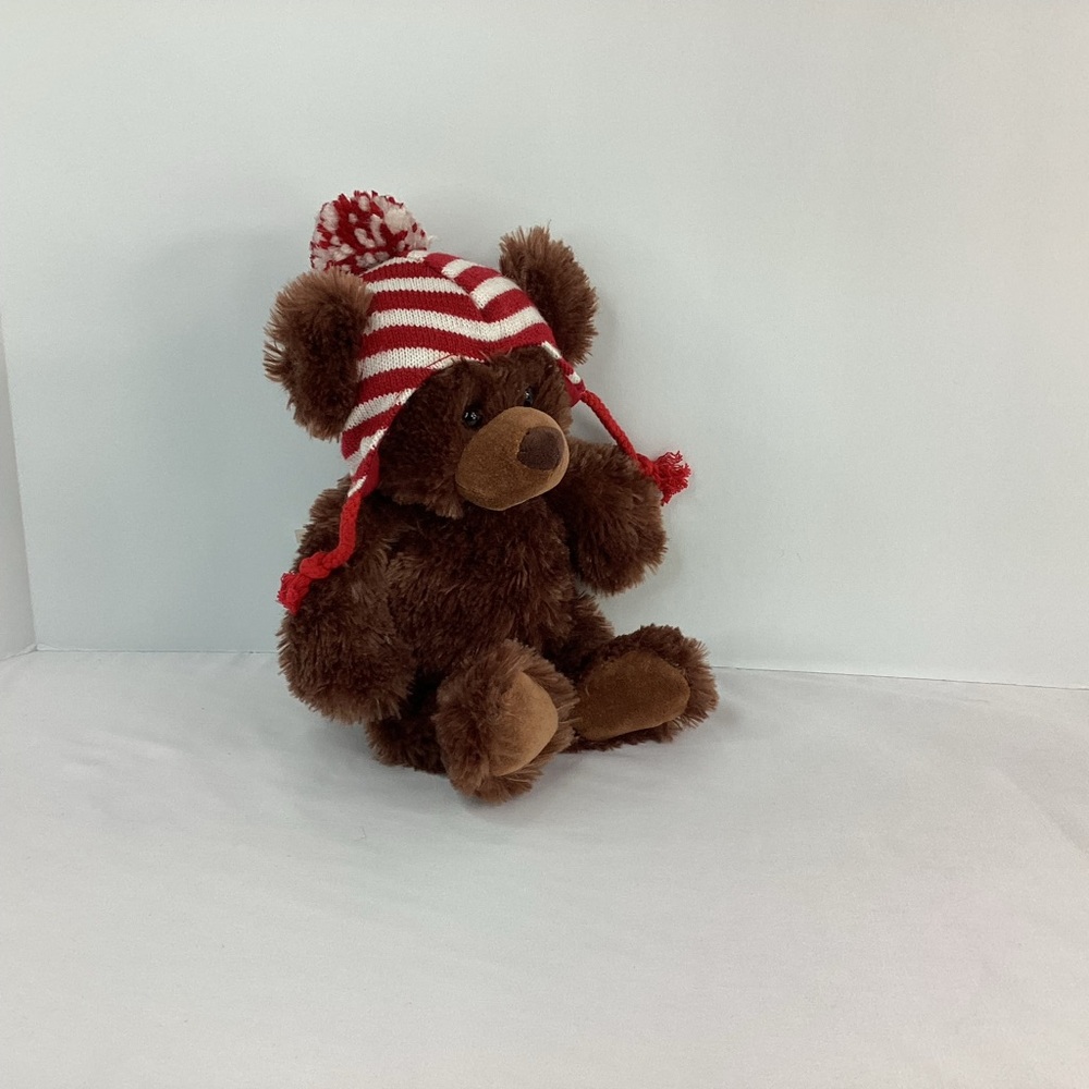 Gund Plush Brown Bear Stuffed Animal Red White Stripe Hat Winter Christmas 2014 - Picture 3 of 9